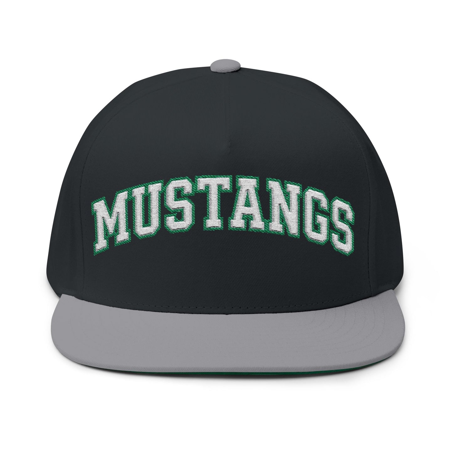 Mounds View Mustangs Embroidered White Text Flat Bill Cap — School Spirit Snapback