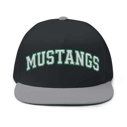 Mounds View Mustangs Embroidered White Text Flat Bill Cap — School Spirit Snapback