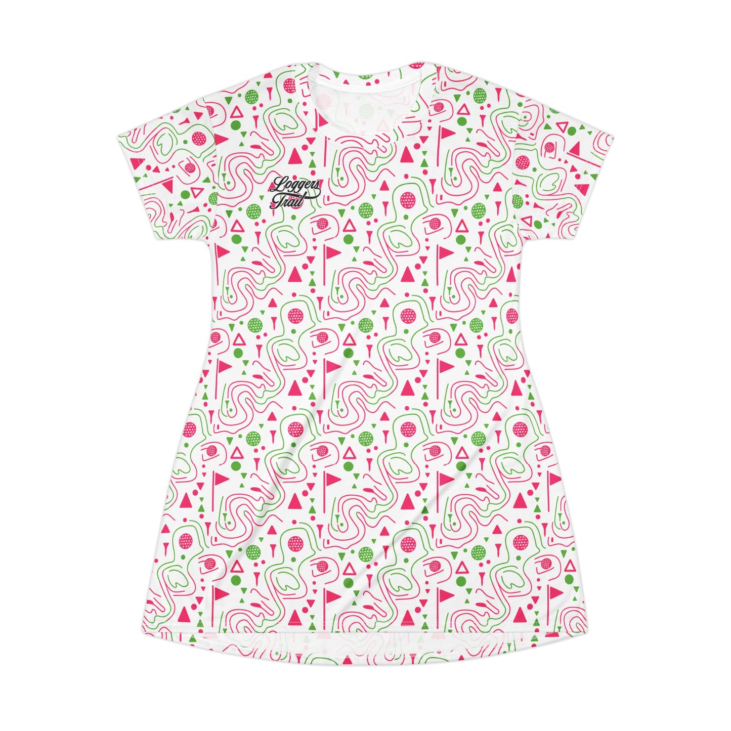 Logger's Trail Golf T-Shirt Dress in pink and green, a fun golf t-shirt dress for summer featuring a playful print.
