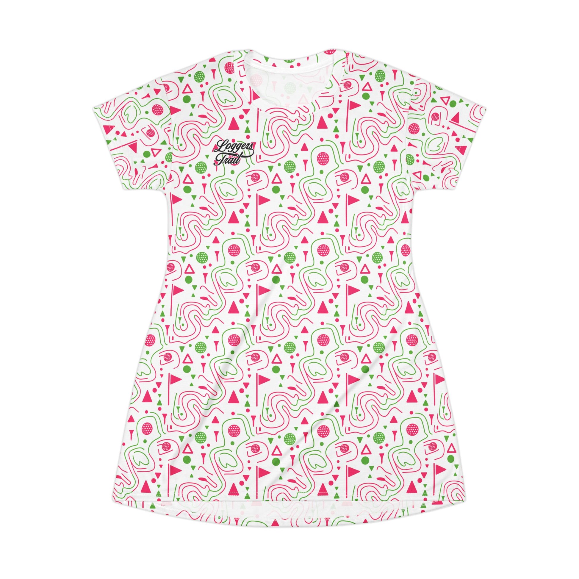 Logger's Trail Golf T-Shirt Dress in pink and green, a fun golf t-shirt dress for summer featuring a playful print.