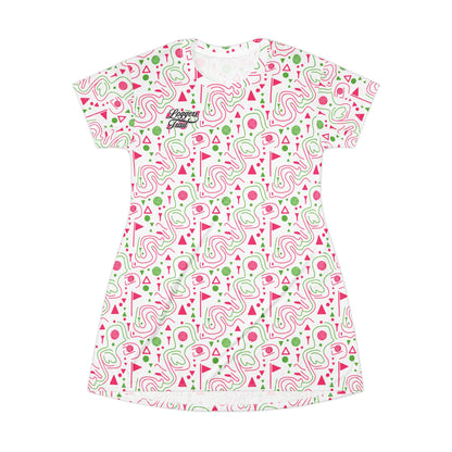 Logger's Trail Golf T-Shirt Dress in pink and green, a fun golf t-shirt dress for summer featuring a playful print.