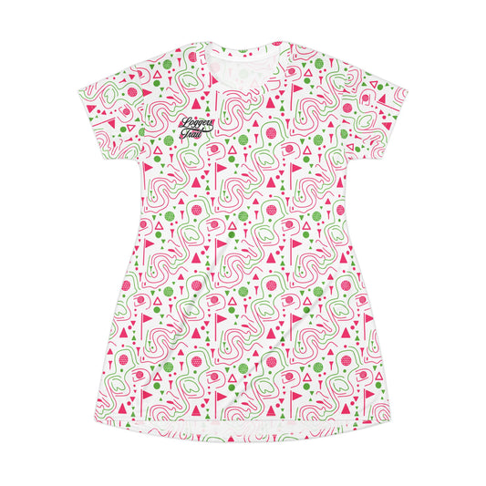 Logger's Trail Golf T-Shirt Dress in pink and green, a fun golf t-shirt dress for summer featuring a playful print.