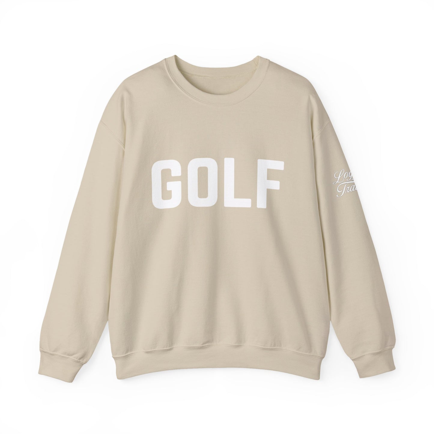 Embroidered golf crewneck sweatshirt in sand color with bold "GOLF" logo on chest and subtle text on sleeve.