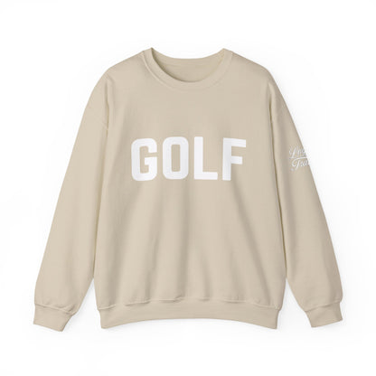 Embroidered golf crewneck sweatshirt in sand color with bold "GOLF" logo on chest and subtle text on sleeve.