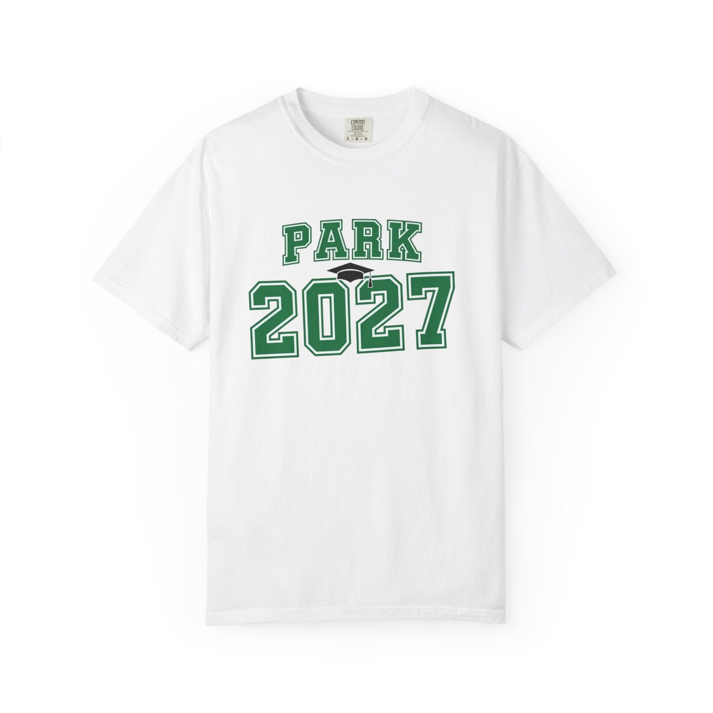 Vintage collegiate t-shirt featuring green 'PARK 2027' design on a soft white fabric tee.
