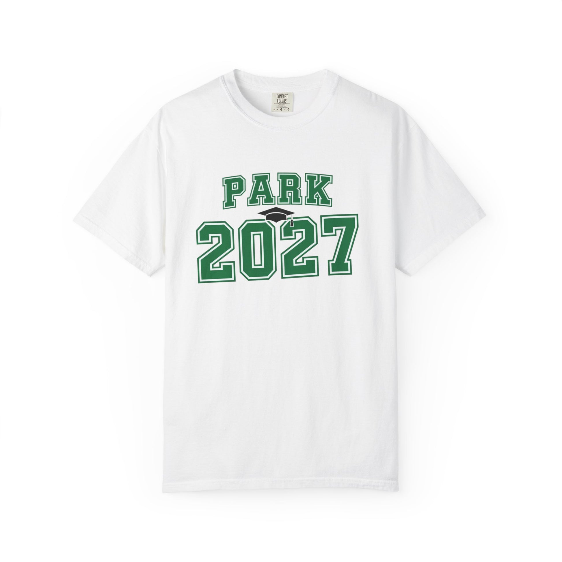 Vintage collegiate t-shirt featuring green 'PARK 2027' design on a soft white fabric tee.