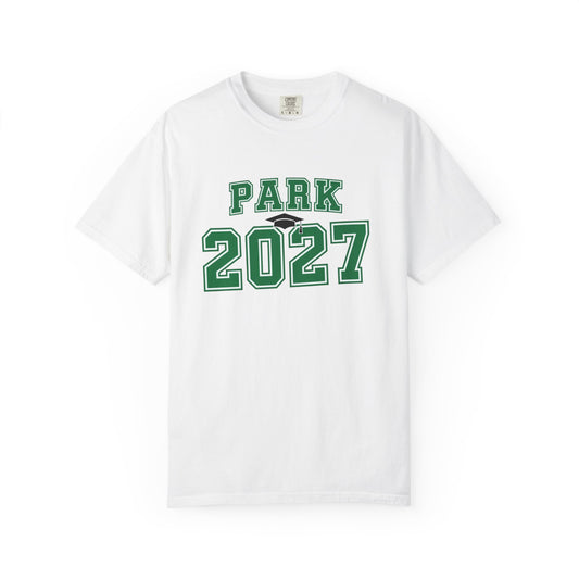 Vintage collegiate t-shirt featuring green 'PARK 2027' design on a soft white fabric tee.