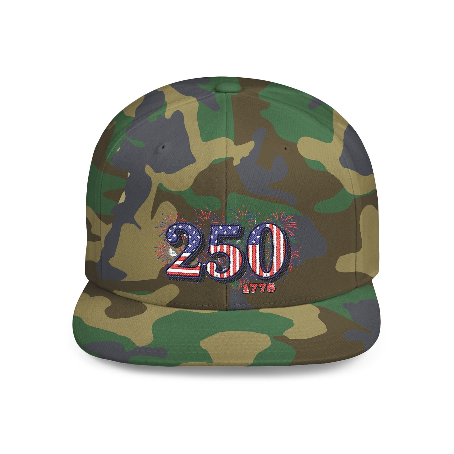 250th anniversary snapback hat featuring a camouflage design and colorful fireworks embroidery.
