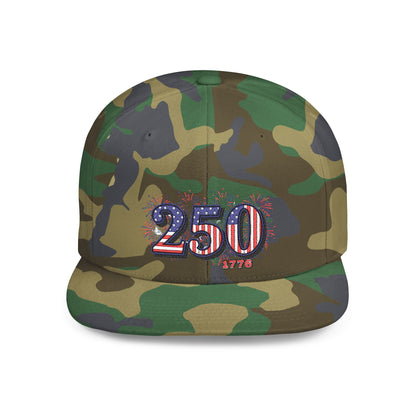 250th anniversary snapback hat featuring a camouflage design and colorful fireworks embroidery.