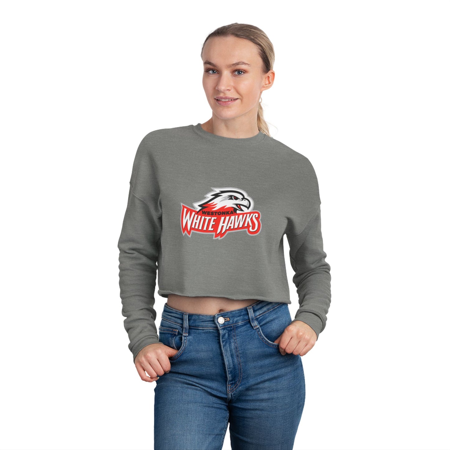 Mound Westonka White Hawks Trendy Women's Cropped Sweatshirt with Unique Graphic Design