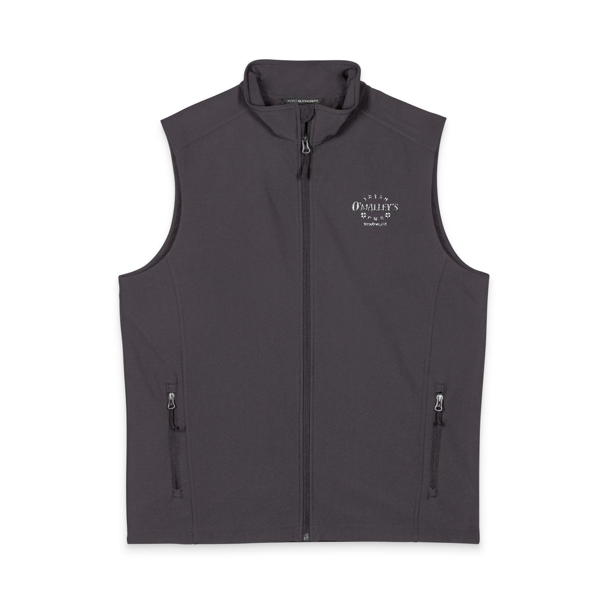 O'Malley's Men's Black Soft Shell Vest — Minimal White Chest Logo, Windproof Layer