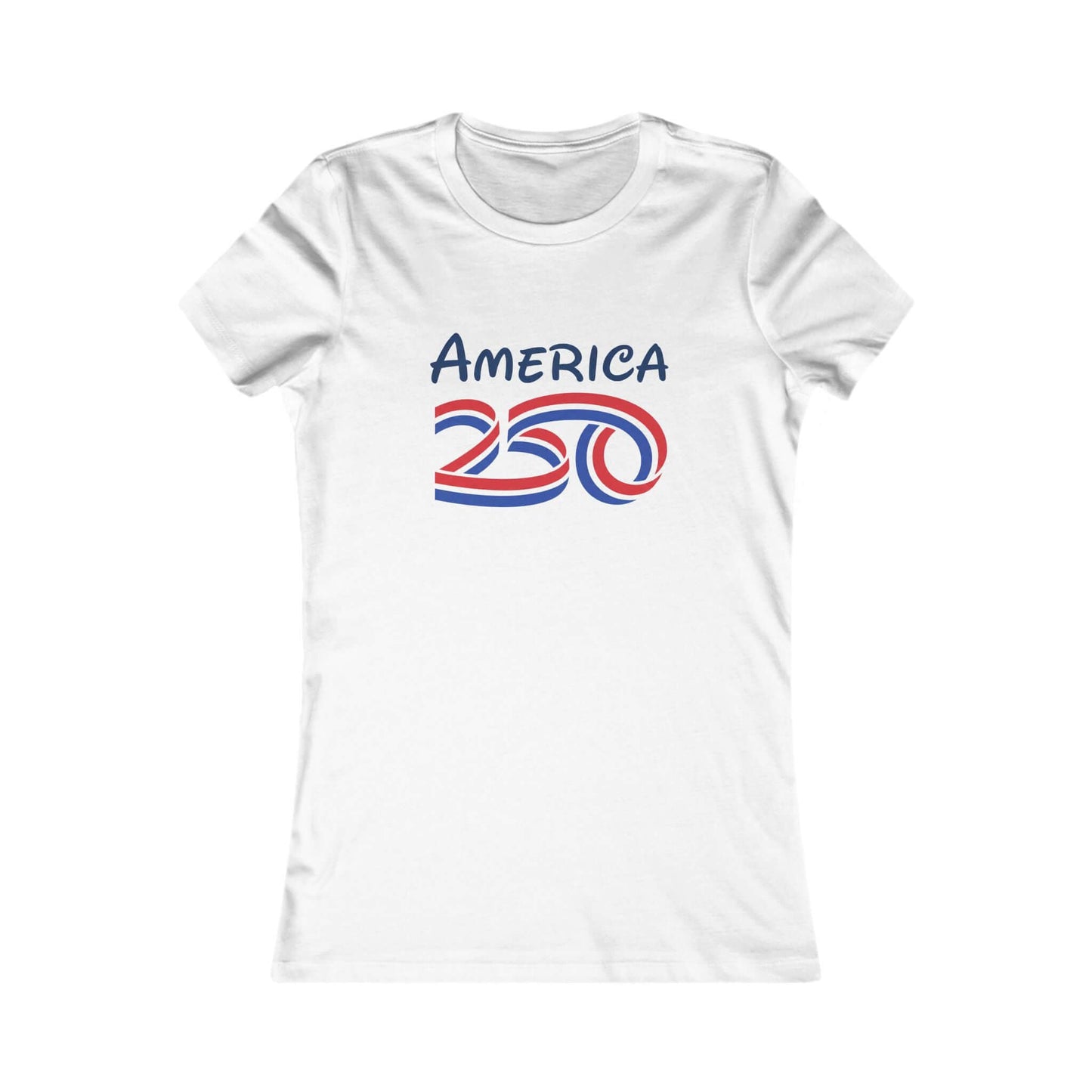 Women's patriotic anniversary t-shirt featuring America 250 graphic in red, white, and blue colors.