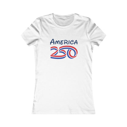 Women's patriotic anniversary t-shirt featuring America 250 graphic in red, white, and blue colors.