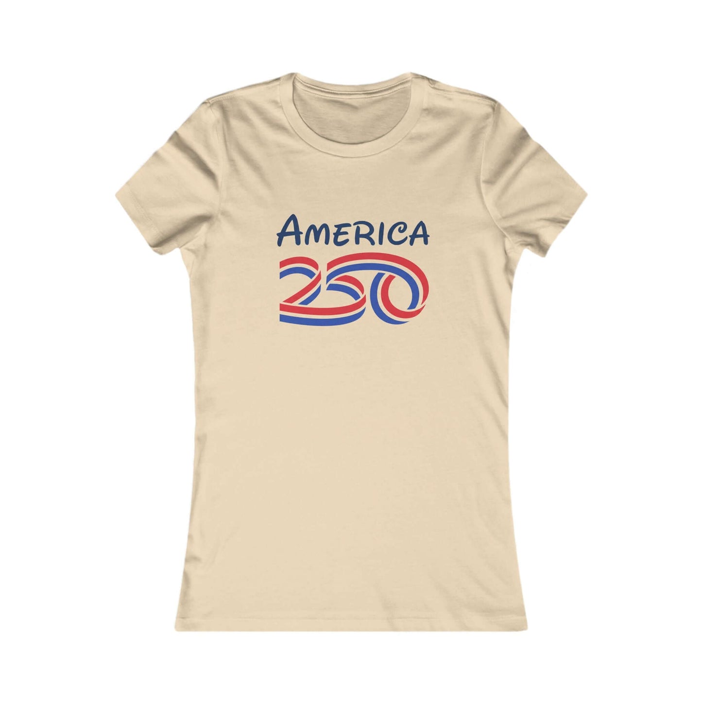 Women's Patriotic Anniversary T-Shirt featuring a vintage-inspired America 250 graphic on a light tan fabric.