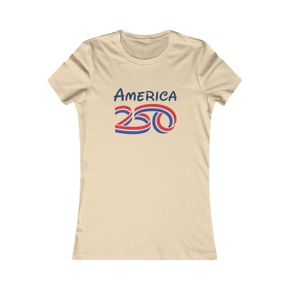 Women's Patriotic Anniversary T-Shirt featuring a vintage-inspired America 250 graphic on a light tan fabric.