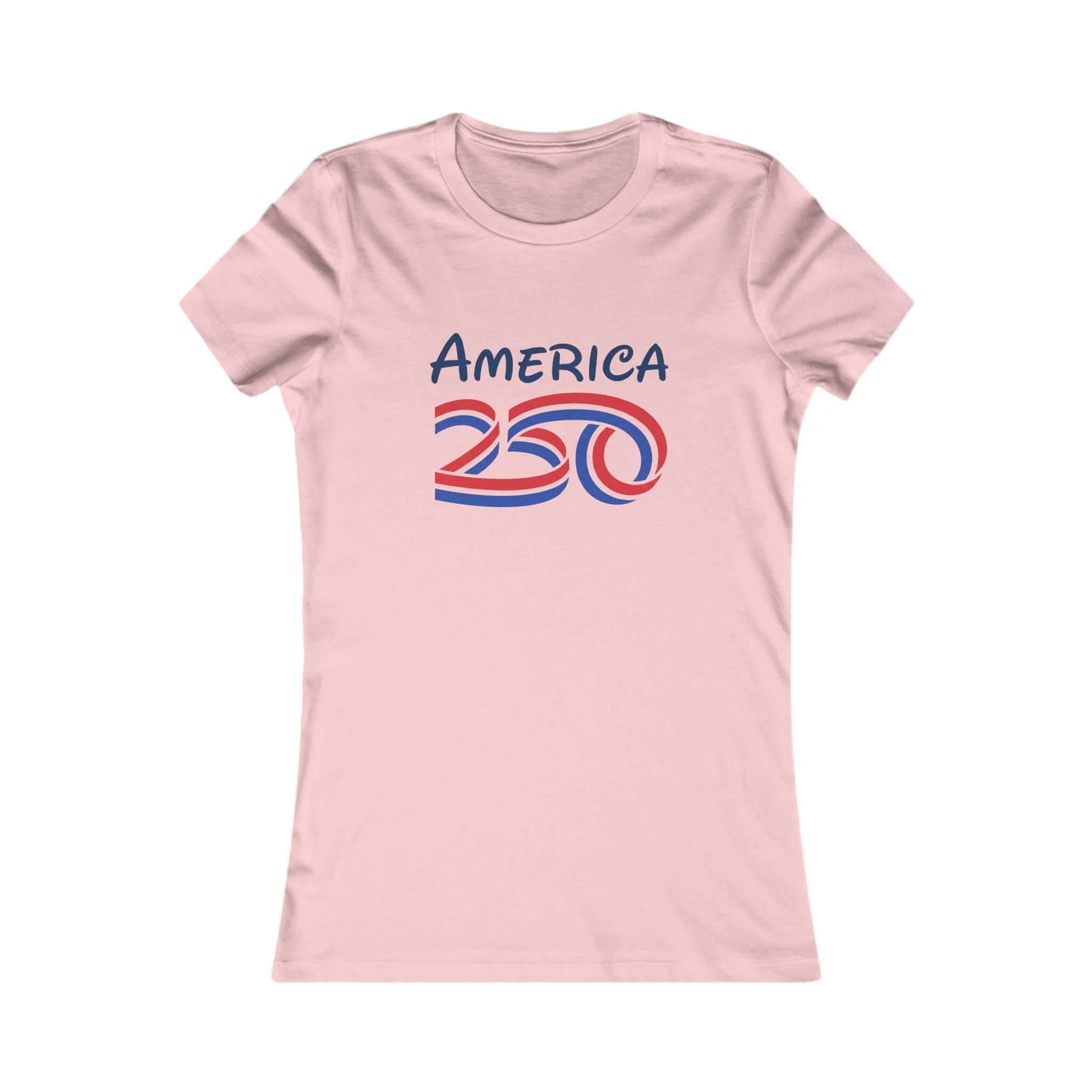 Women's Patriotic Anniversary T-Shirt featuring a pink tee with America 250 graphic design.