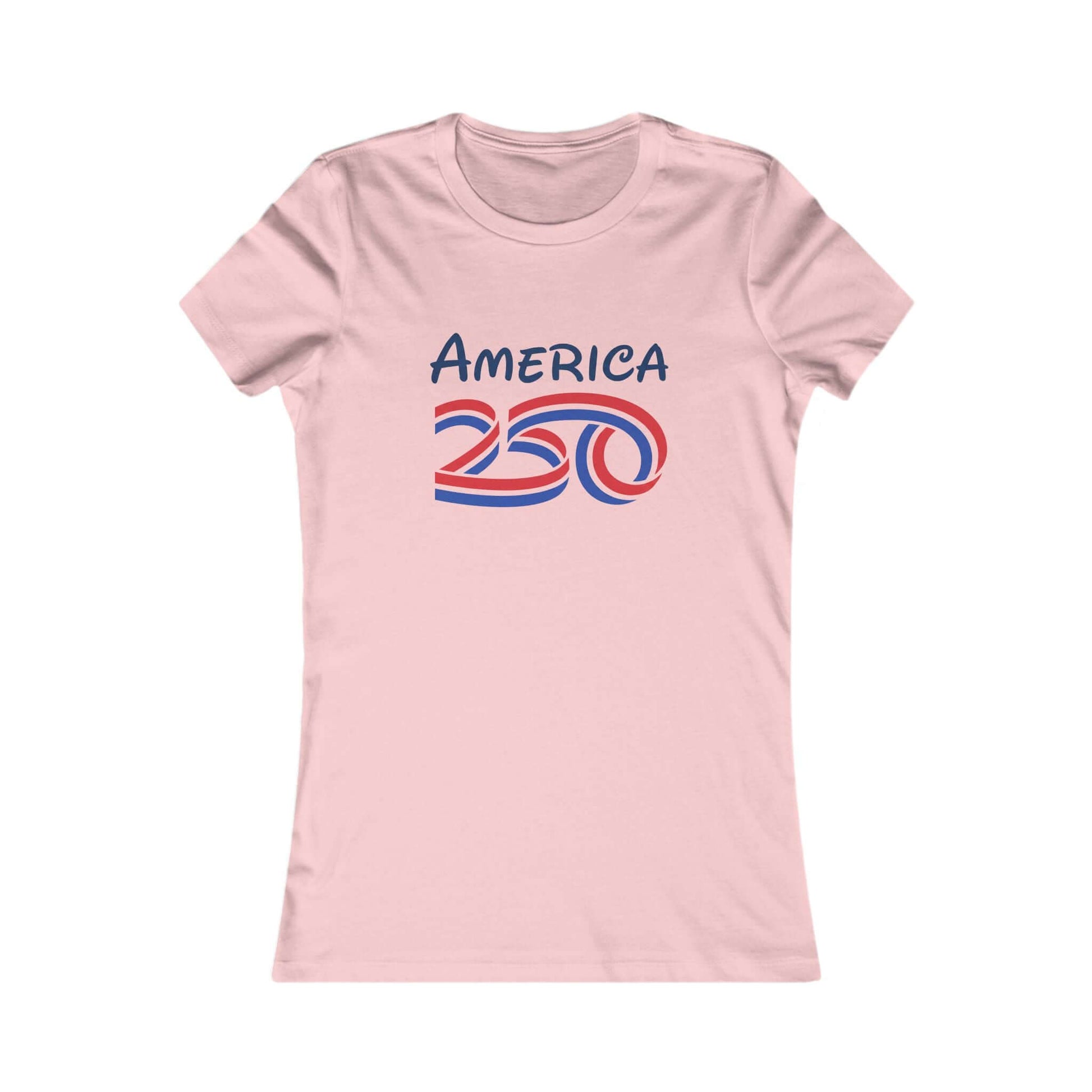 Women's Patriotic Anniversary T-Shirt featuring a pink tee with America 250 graphic design.