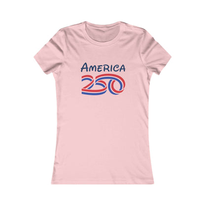 Women's Patriotic Anniversary T-Shirt featuring a pink tee with America 250 graphic design.