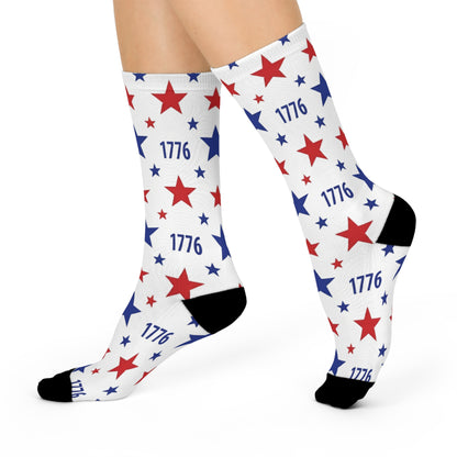 America 250th Anniversary cushioned crew socks with all-over star design in red, white, and blue.