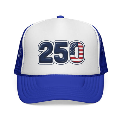 USA trucker hat featuring bold '250' graphic with stars-and-stripes motif on structured foam front.
