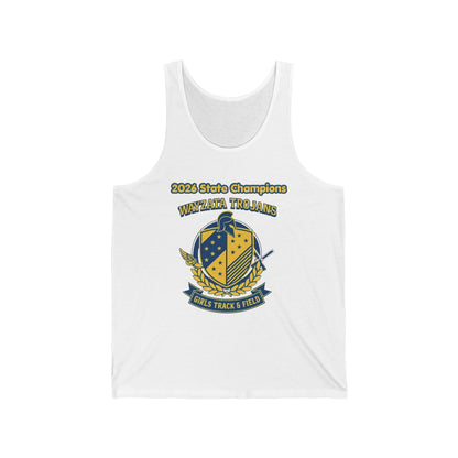 Wayzata Trojans Girls Track Champions tank top featuring 2023 State Champions crest and vibrant design.