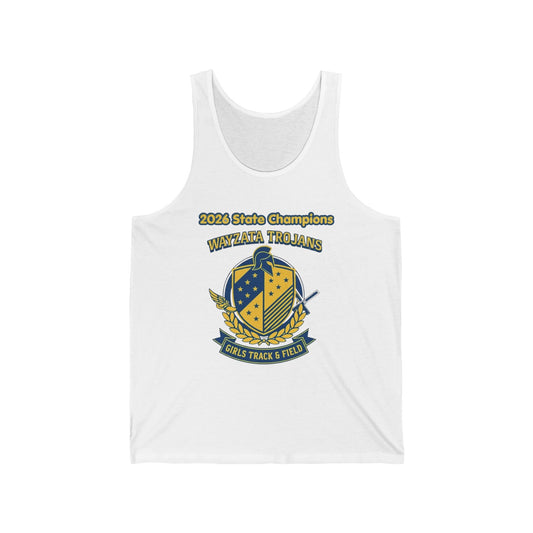 Wayzata Trojans Girls Track Champions tank top featuring 2023 State Champions crest and vibrant design.