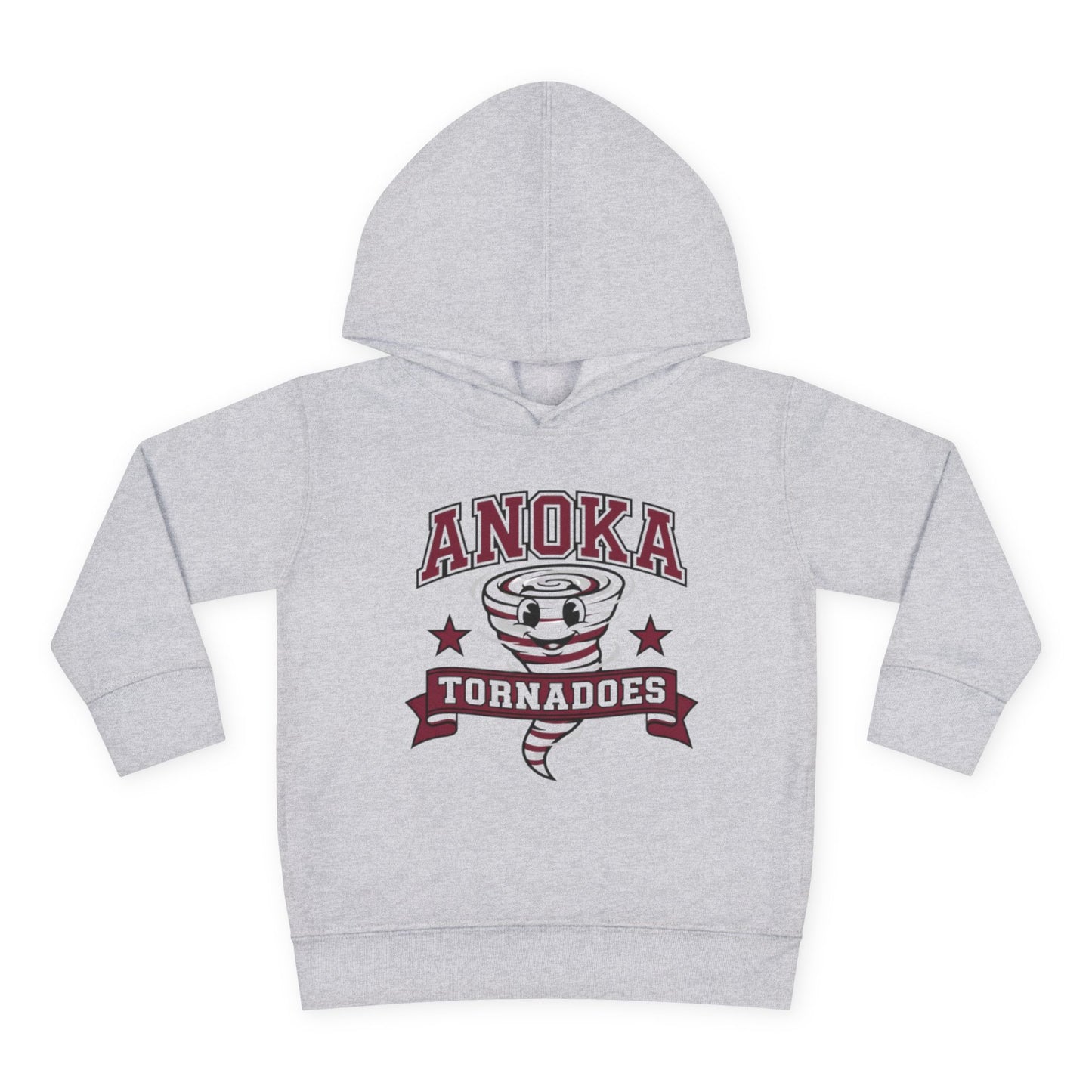 Anoka Tornadoes toddler hoodie in heather color featuring playful tornado graphic and vintage script design.