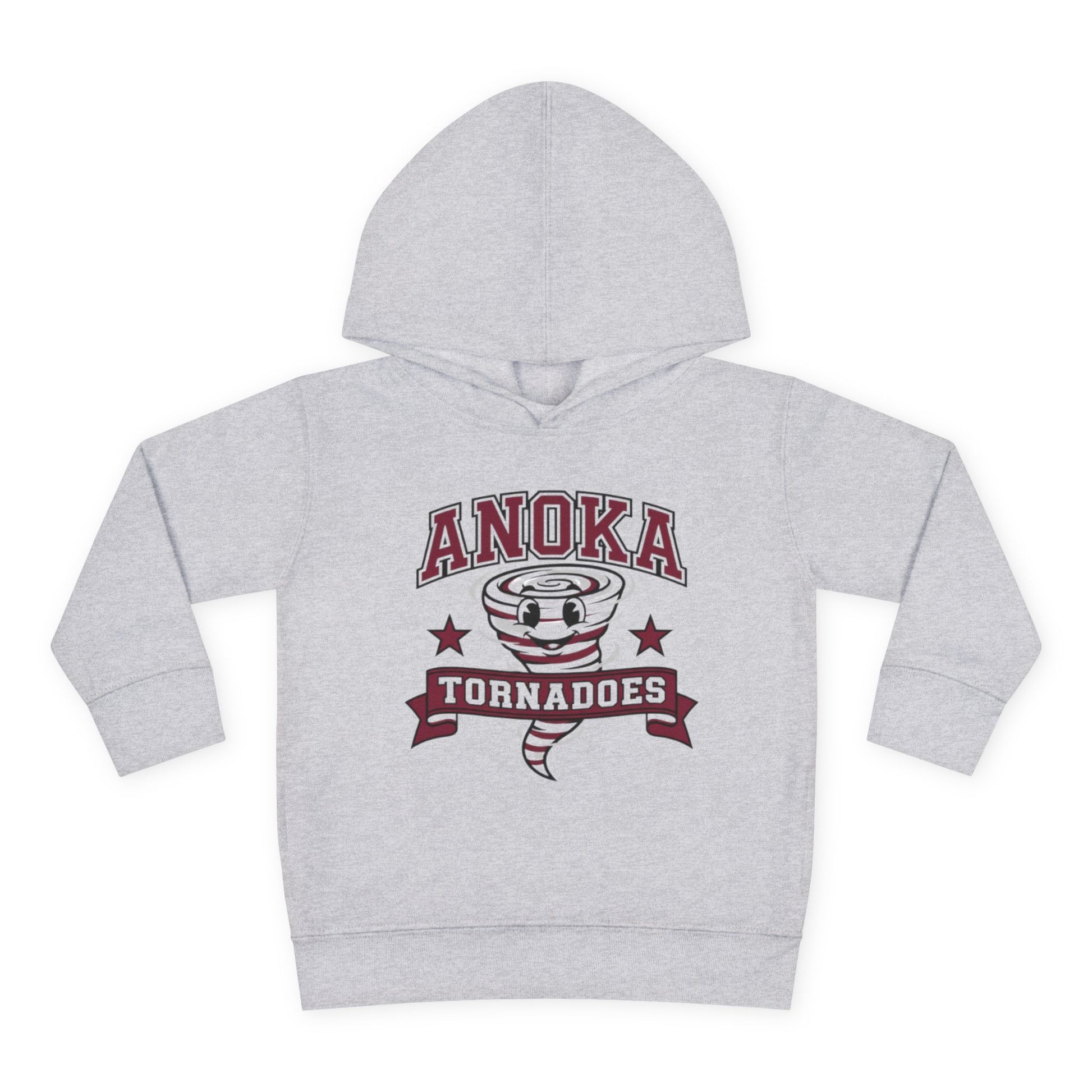 Anoka Tornadoes toddler hoodie in heather color featuring playful tornado graphic and vintage script design.
