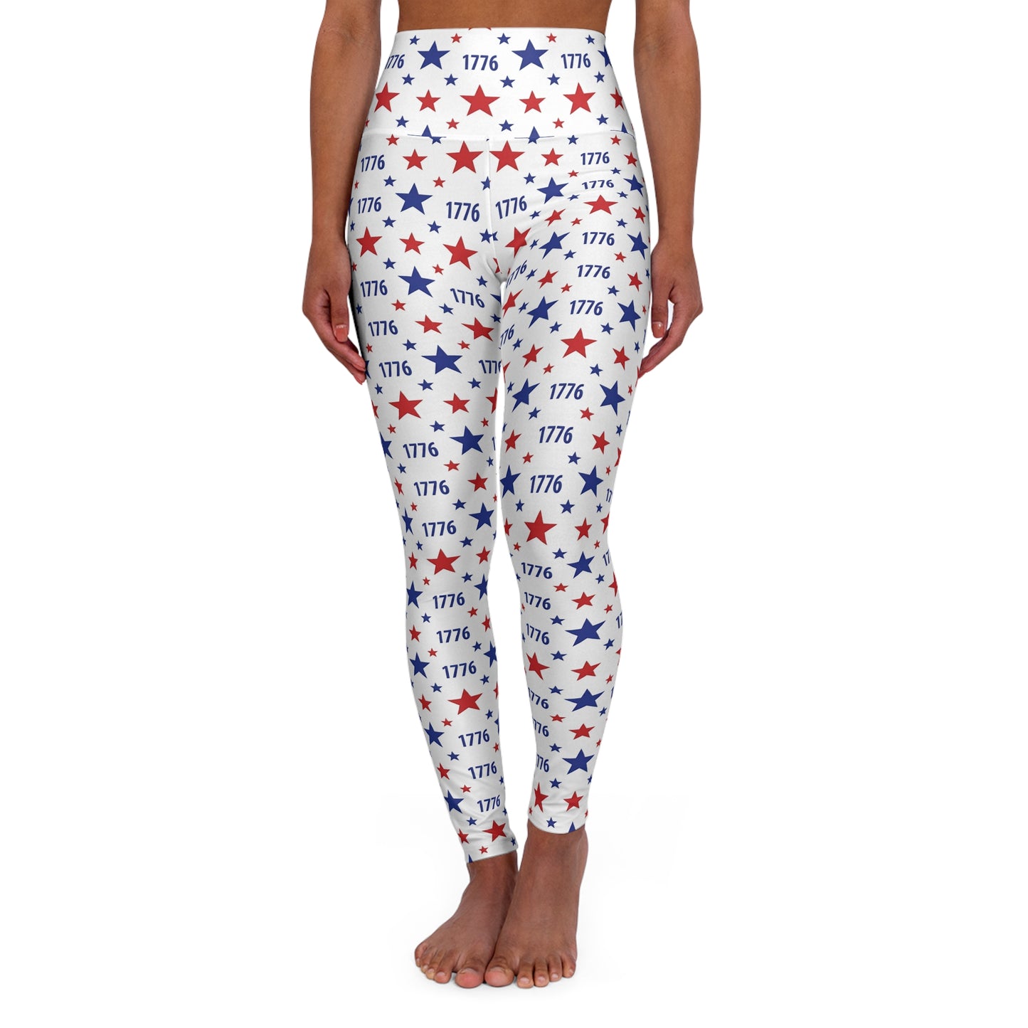 Patriotic yoga leggings featuring a 1776 star motif, high-waisted design perfect for fashion, yoga, or fitness.