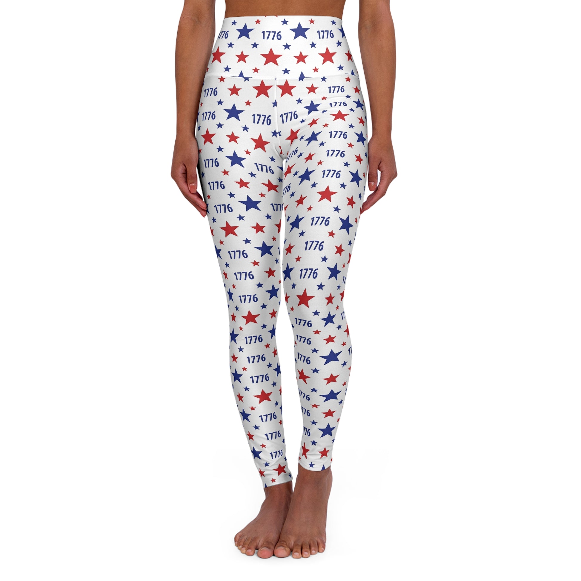 Patriotic yoga leggings featuring a 1776 star motif, high-waisted design perfect for fashion, yoga, or fitness.