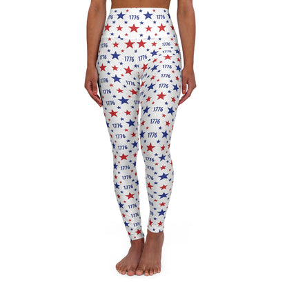Patriotic yoga leggings featuring a 1776 star motif, high-waisted design perfect for fashion, yoga, or fitness.