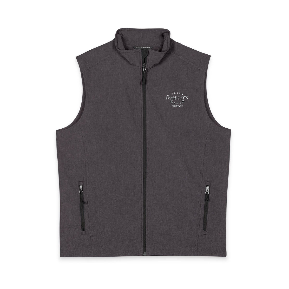 O'Malley's Men's Black Soft Shell Vest — Minimal White Chest Logo, Windproof Layer