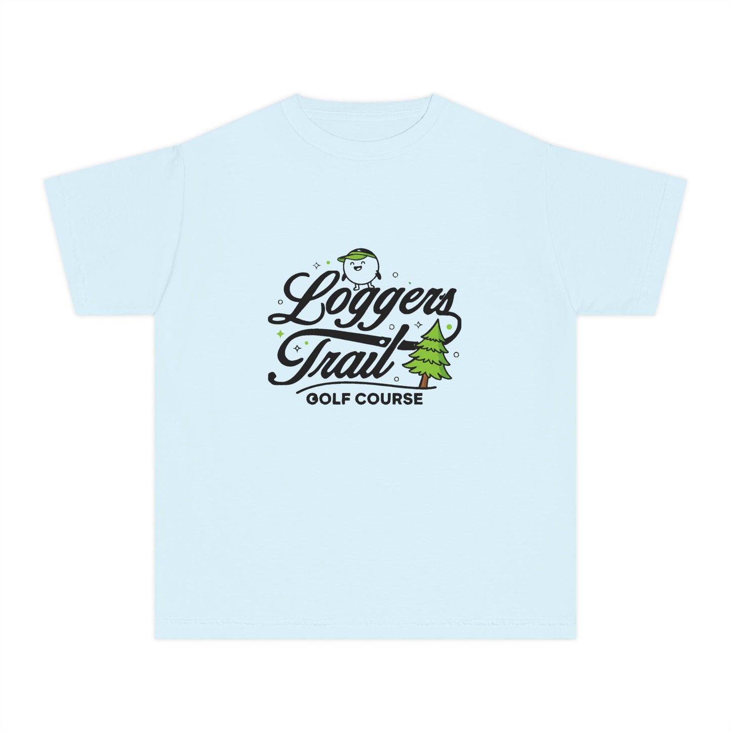 Loggers Trail Golf Course Youth Tee — Kids Golf Shirt with Pine Tree & Golf Ball Design