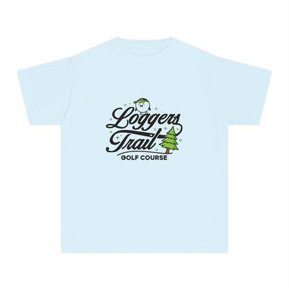 Loggers Trail Golf Course Youth Tee — Kids Golf Shirt with Pine Tree & Golf Ball Design