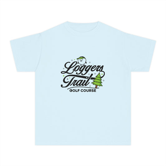 Loggers Trail Golf Course Youth Tee — Kids Golf Shirt with Pine Tree & Golf Ball Design