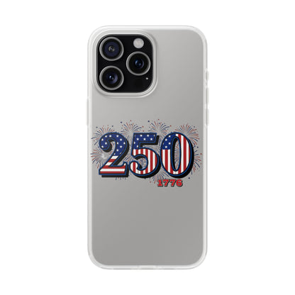 American flag Iphone case featuring festive '250' design with fireworks, perfect for celebrating America's 250th Anniversary.