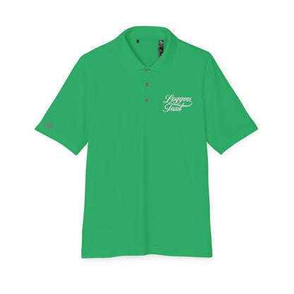 Performance polo shirt with UPF protection in vibrant green color, featuring embroidered logo and sporty design.
