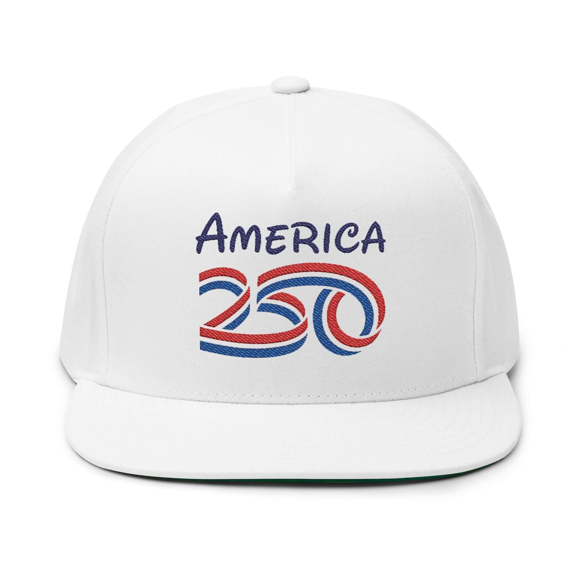 America 250 embroidered flat bill cap with red and blue lettering on a white background.