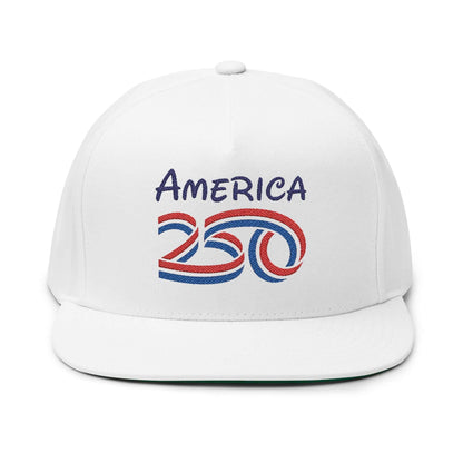 America 250 embroidered flat bill cap with red and blue lettering on a white background.