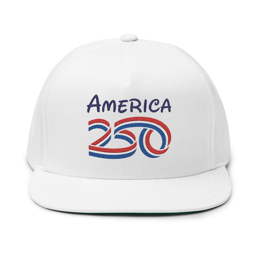 America 250 embroidered flat bill cap with red and blue lettering on a white background.