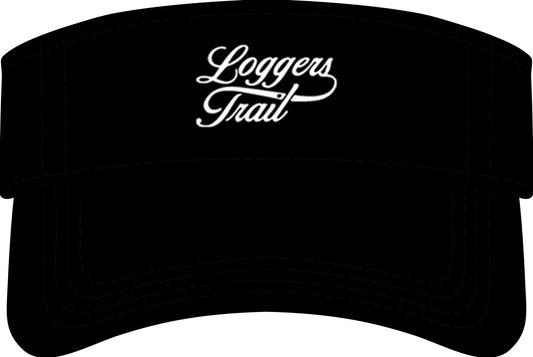 Loggers Trail embroidered visor in black, an adjustable outdoor trail running cap for sun protection and comfort.