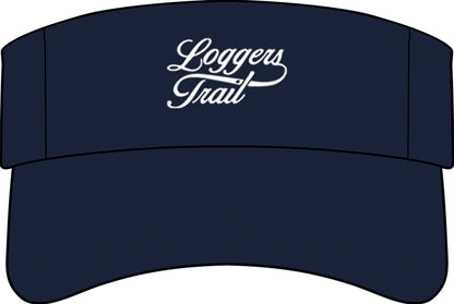 Loggers Trail embroidered visor in navy, perfect for outdoor trail running cap with adjustable fit.