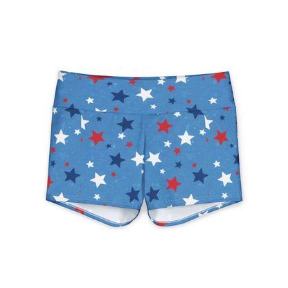 Patriotic women's yoga shorts featuring a blue background with red and white star motifs, perfect for active wear.