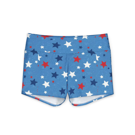 Patriotic women's yoga shorts featuring a blue background with red and white star motifs, perfect for active wear.