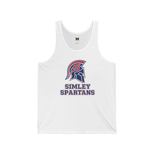 Simley Spartans Ladies Tank Top featuring a bold emblem on a lightweight white fabric.