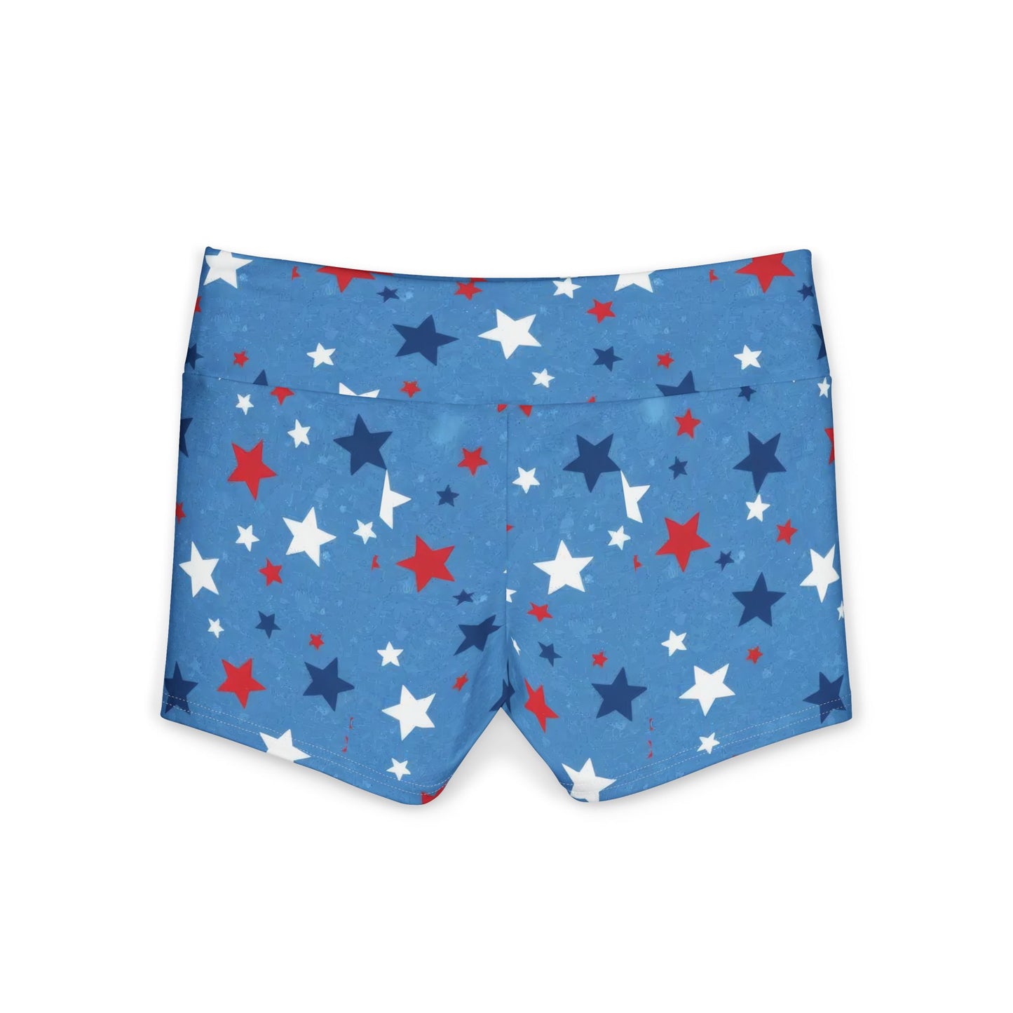 Back view of patriotic women's yoga shorts with red, white, and blue star patterns for American pride.