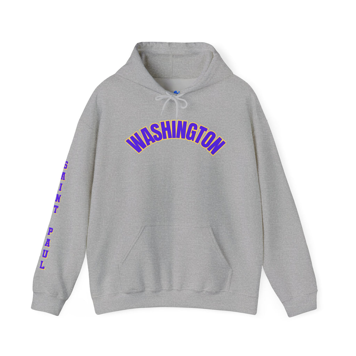Saint Paul Washington Arch Logo Hoodie — Purple & Gold Sleeve Text, Retro College Streetwear
