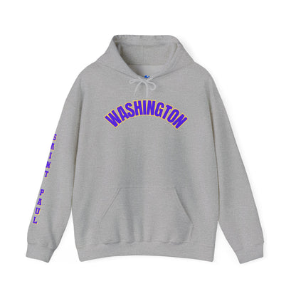 Saint Paul Washington Arch Logo Hoodie — Purple & Gold Sleeve Text, Retro College Streetwear