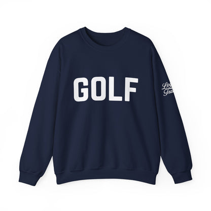 Embroidered golf crewneck sweatshirt in navy with bold 'GOLF' logo and subtle embroidery on the sleeve.