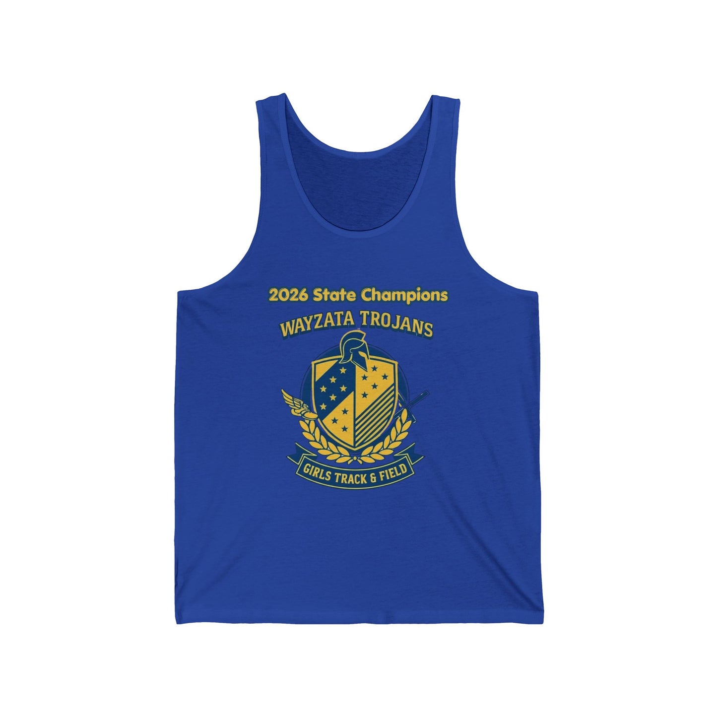Wayzata Trojans Girls Track Champions tank top with state champions text and school crest design in blue.